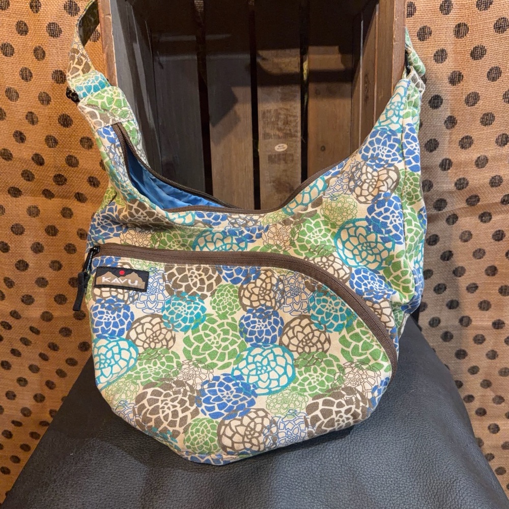 Kavu Sidney Satchel Blue Green Tan Floral Shoulder Sling Bag